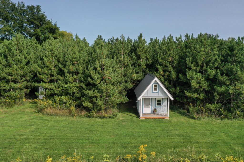 tiny cabin set back into a forested area