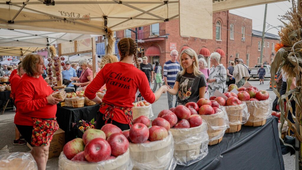 A vendor at a street festival with a row of apple bushels on the table
