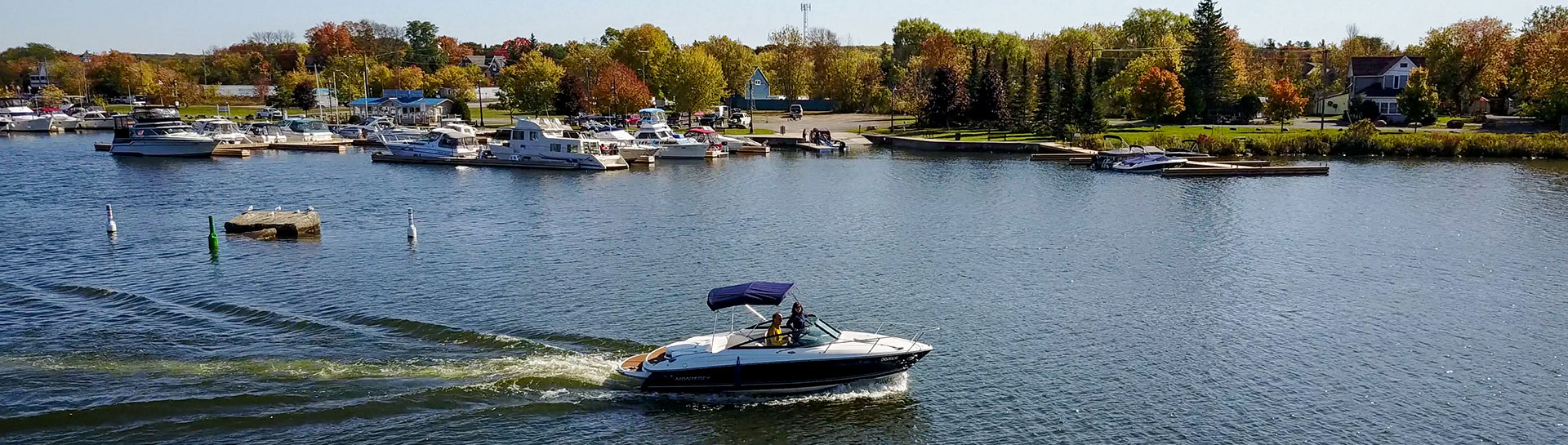 Drone view of boat in Trent River at Hastings marina