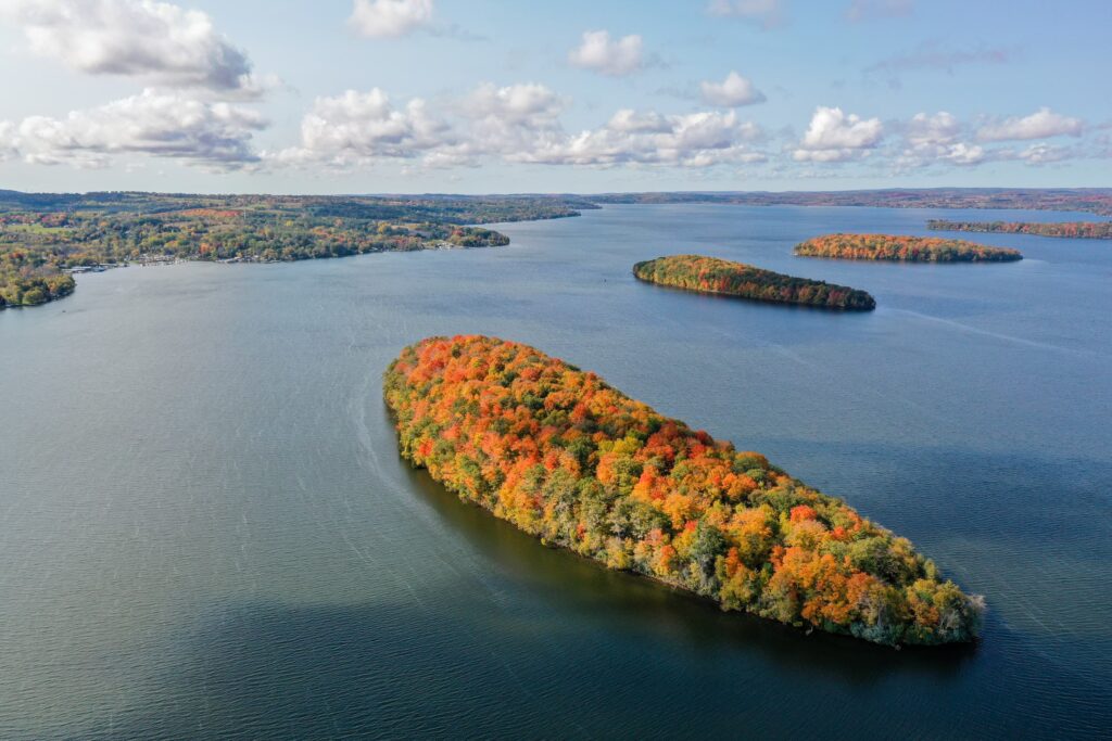 Drone view of islands in fall