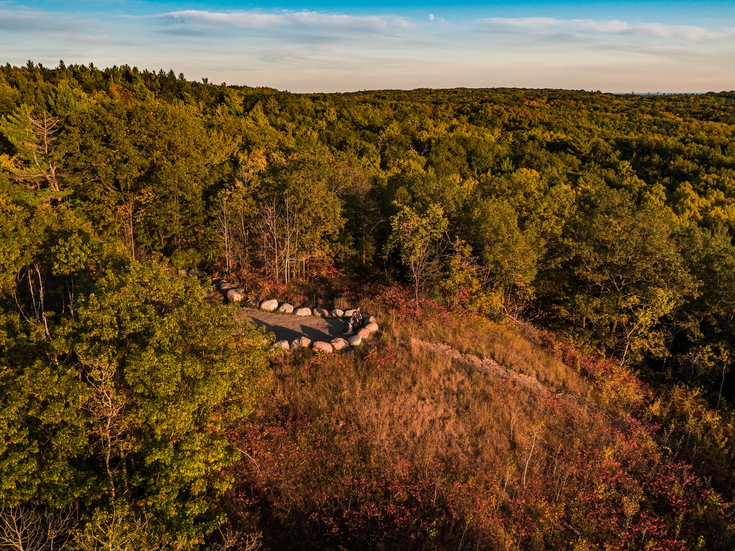 Drone view of a lookout point in Northumberland Forest marked by stones