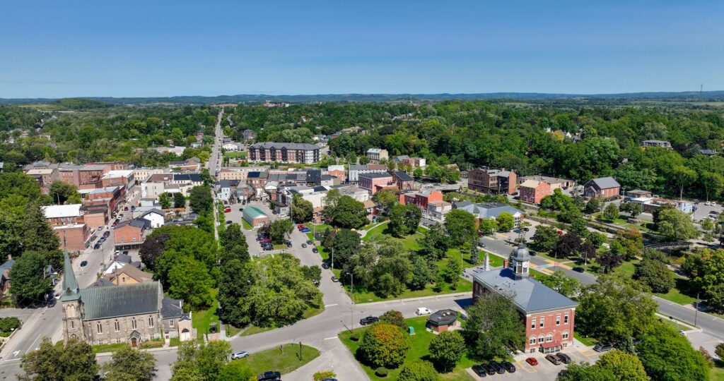 Drone view of Port Hope, Ontario in summer.
