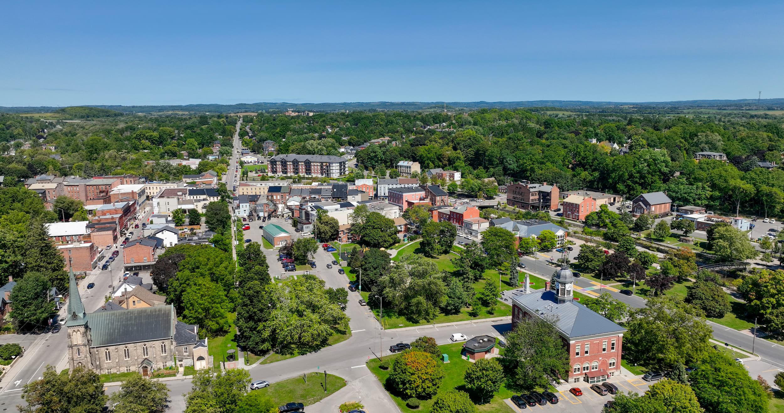 Drone view of Port Hope, Ontario in summer.