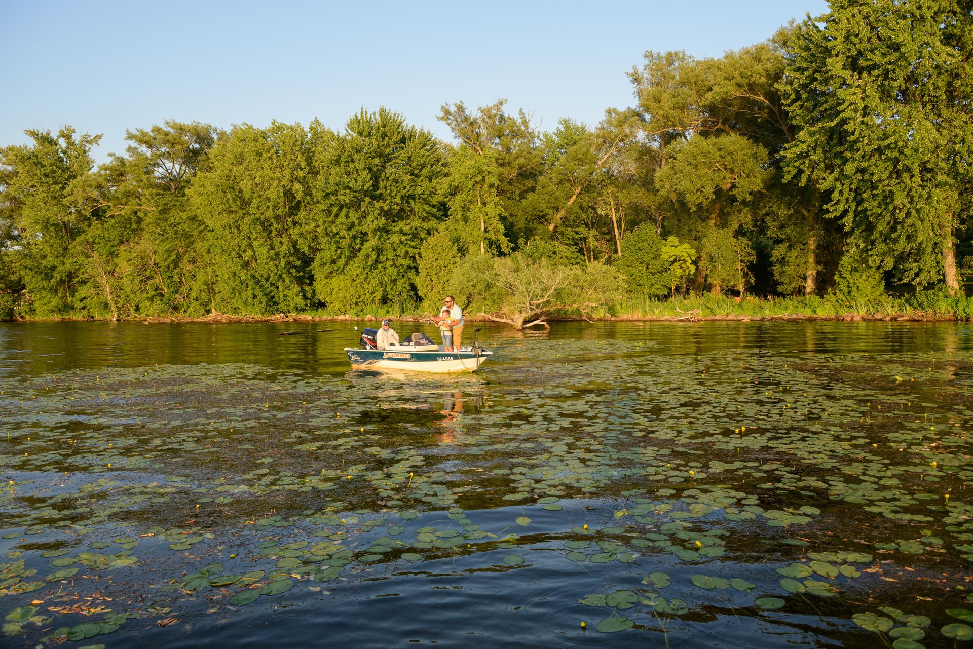 Family in a fishing boat on Rice Lake
