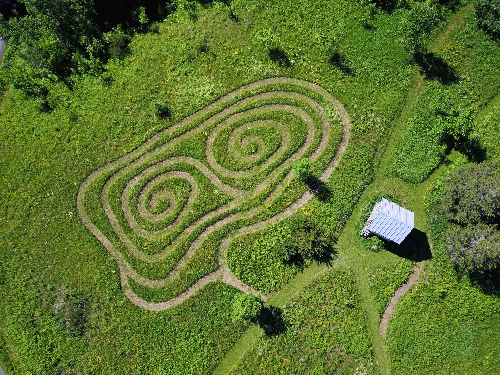 Drone view of labyrinth at Harmony Dawn Retreat Centre