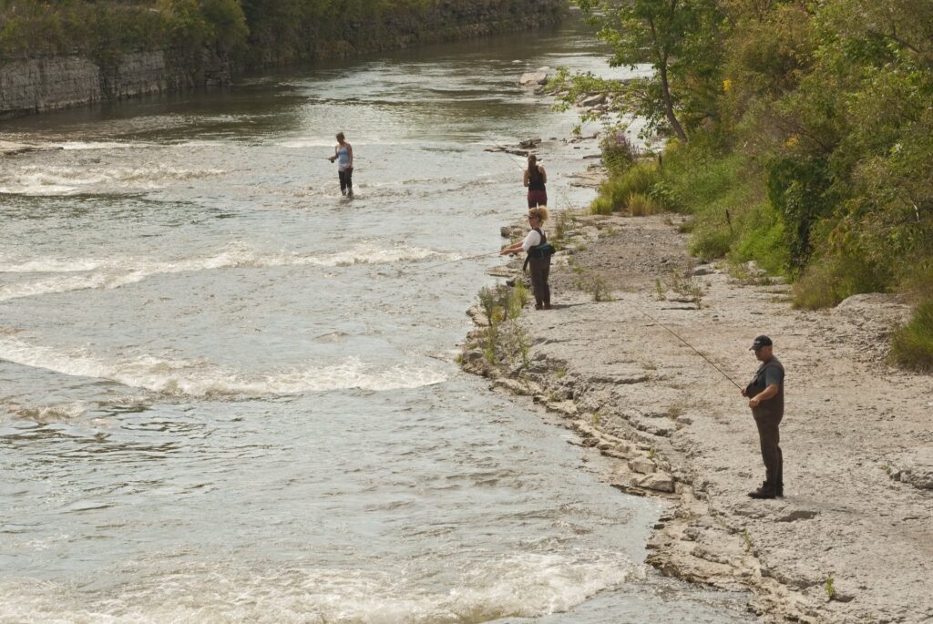 Group of people fishing on the shore of the Ganaraska River