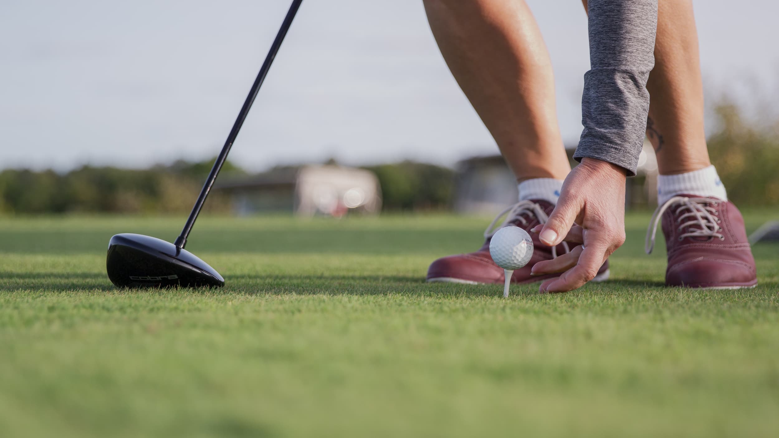 Hand putting a tee in the ground at a golf course.