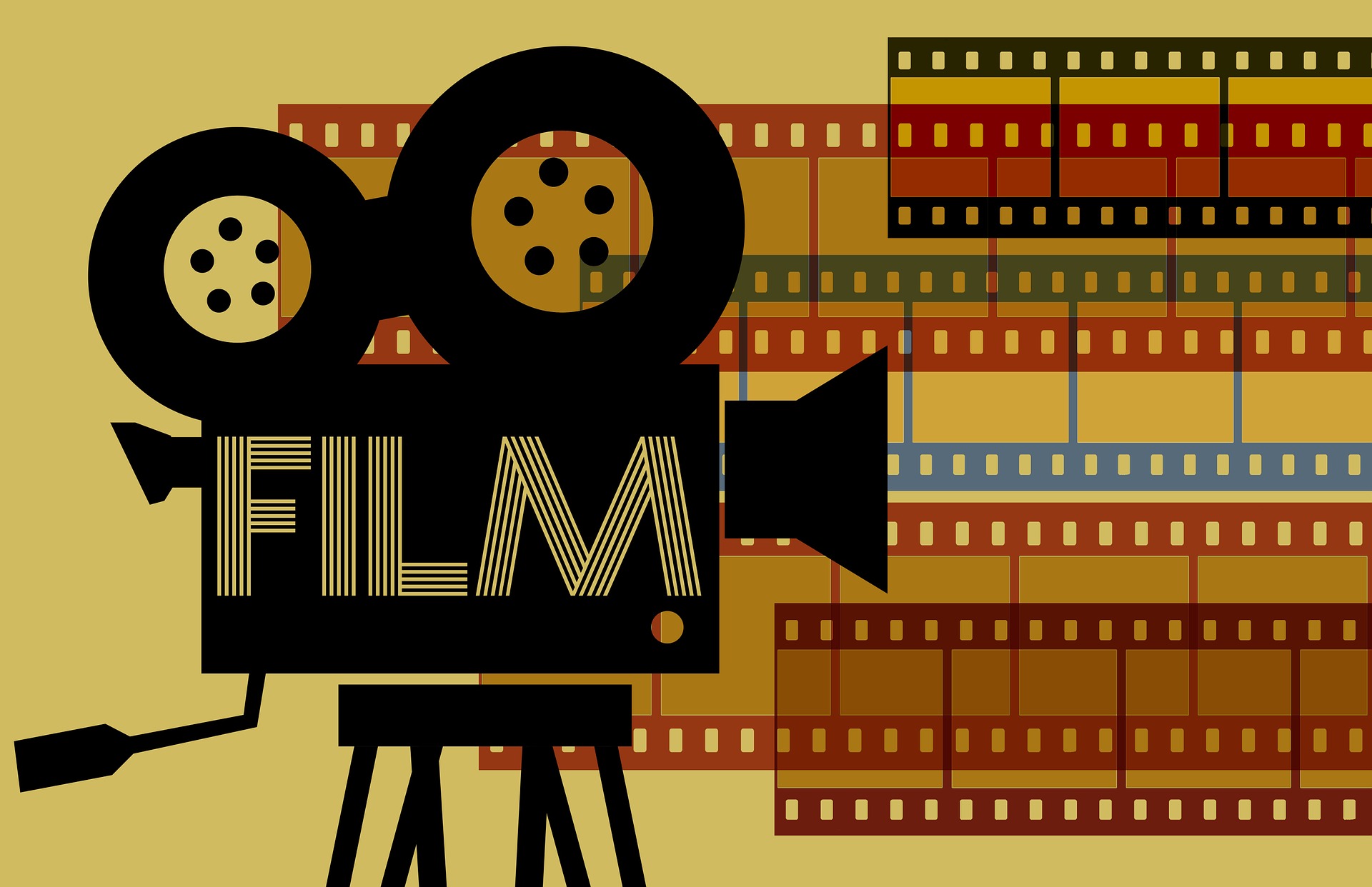 Graphic with a film camera and retro coloured film strips
