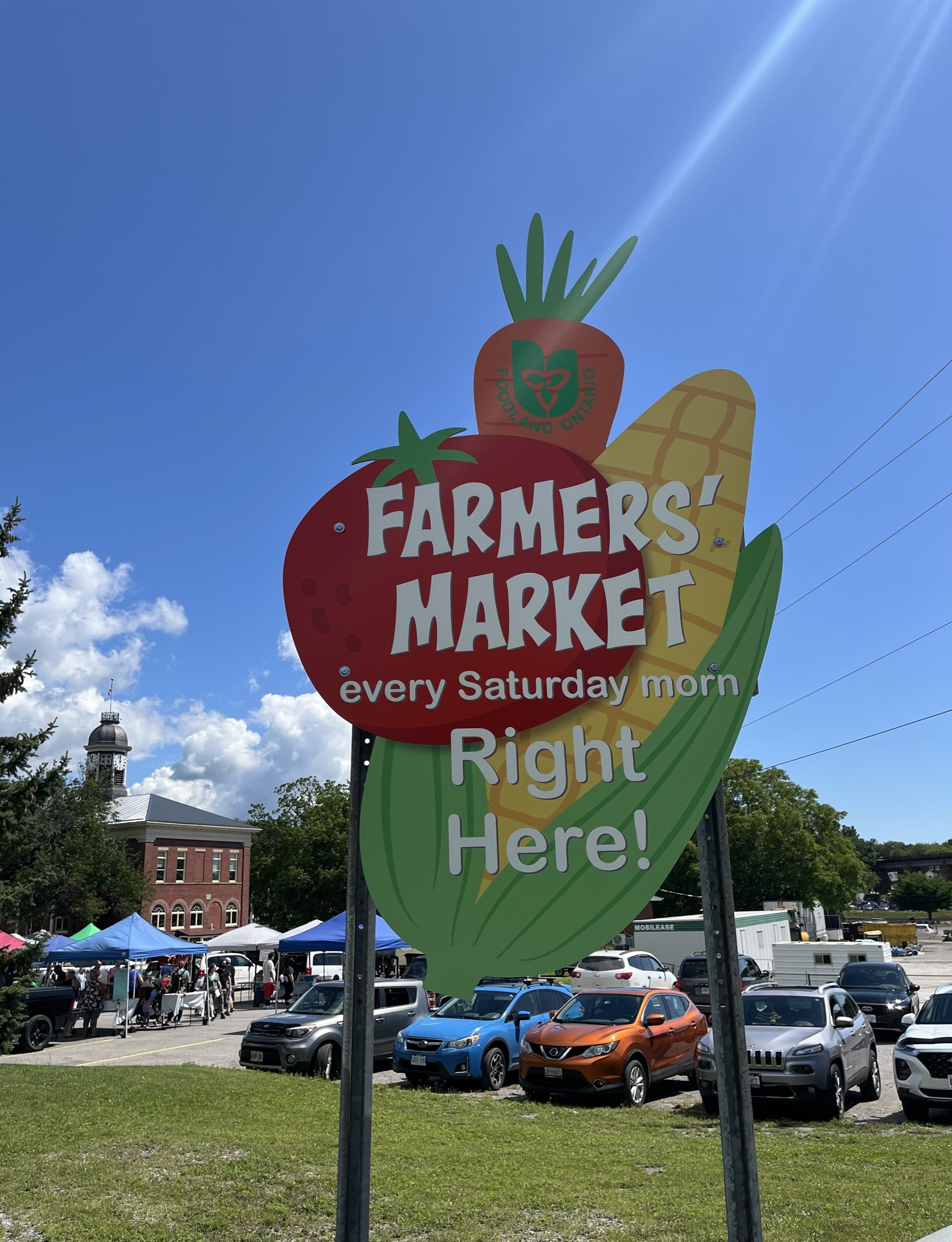 Photo of Port Hope Farmers' Market sign. Sign reads "Farmers' Market every Saturday morn Right Here!"