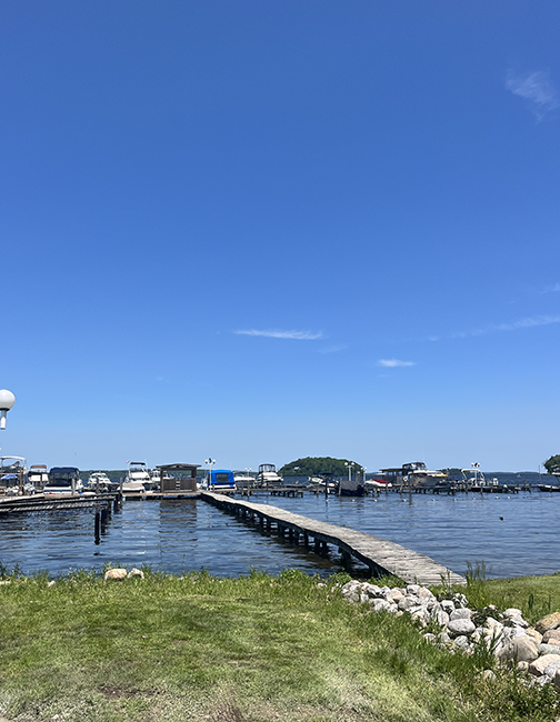 Boats docked at marina.