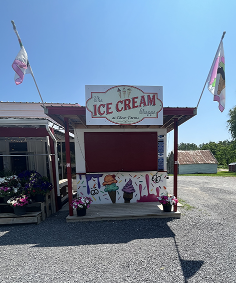Ice cream stand with graphic ice cream cones painted on the front.