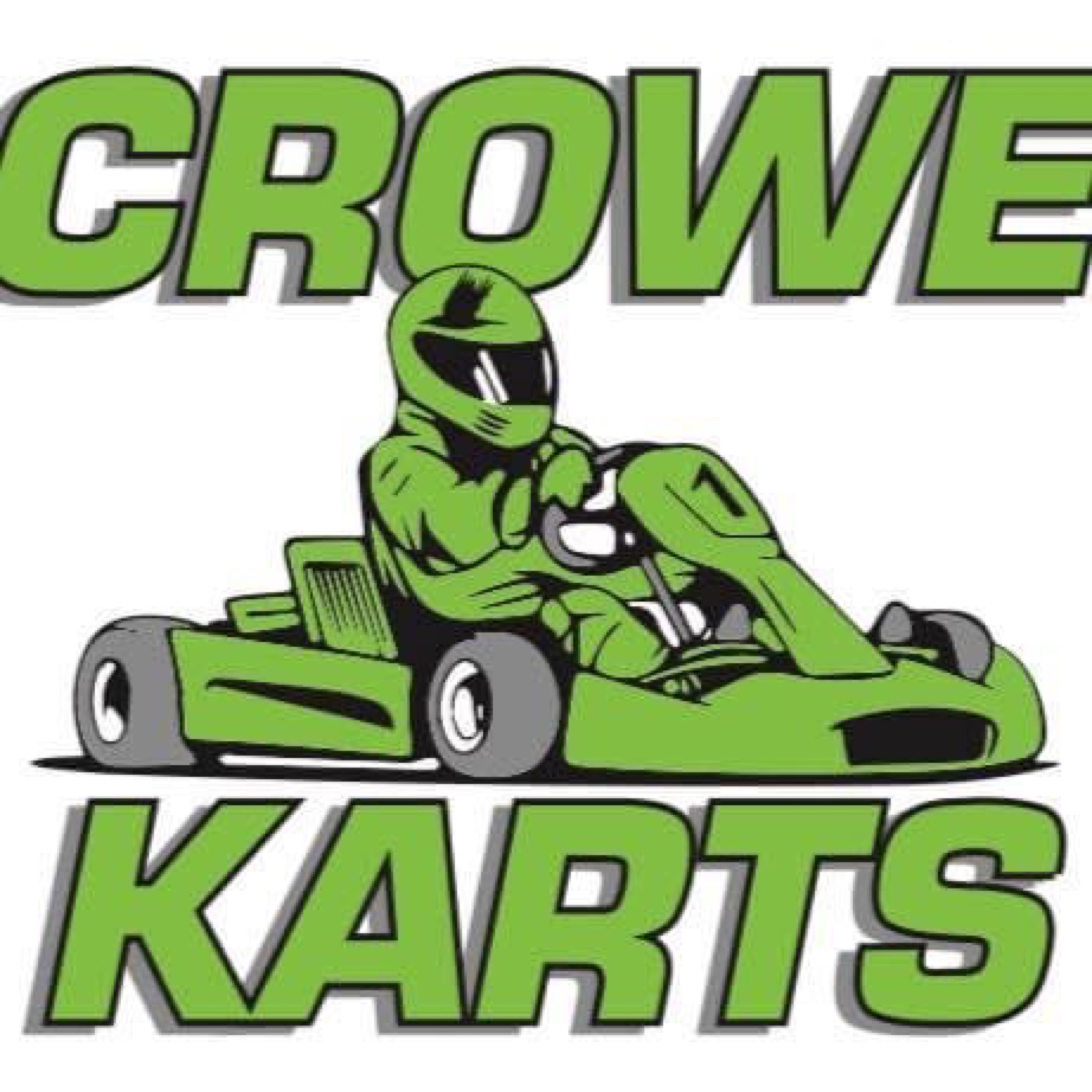 Green person driving go kart with green writing above/below