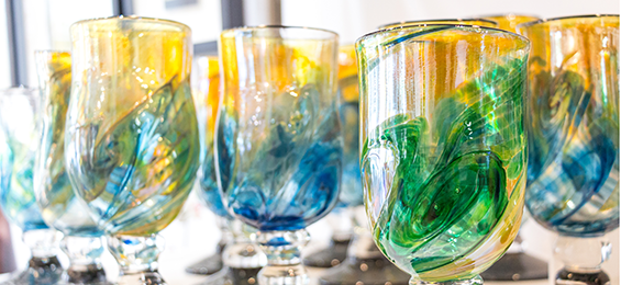 Green and blue stained wine glasses