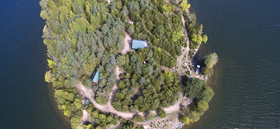 Overview shot of an island with roads separating the forests.