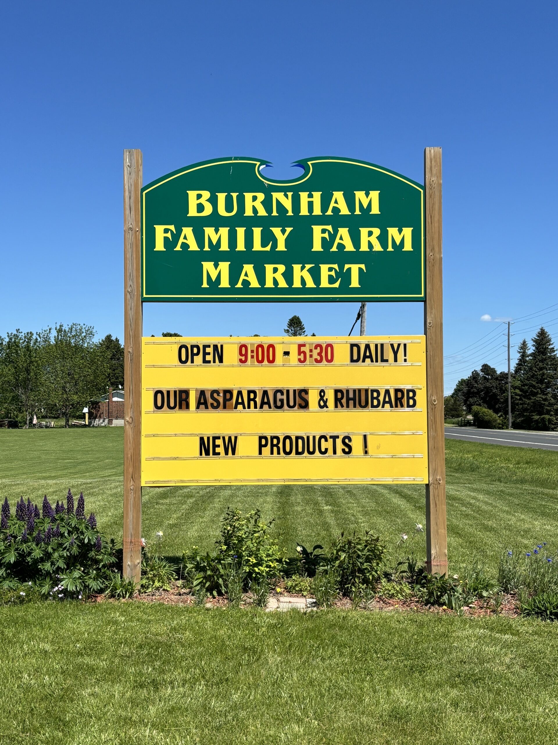 Photo of Burnham Family Farm Market sign. Sign reads "Burnham Family Farm Market. Open 9:00 - 5:30 daily! Our asparagus & rhubarb new products!"