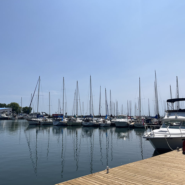 Many large boats docked at a marina.