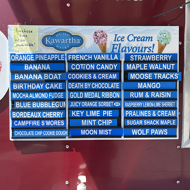 Kawartha Dairy ice cream flavours list.
