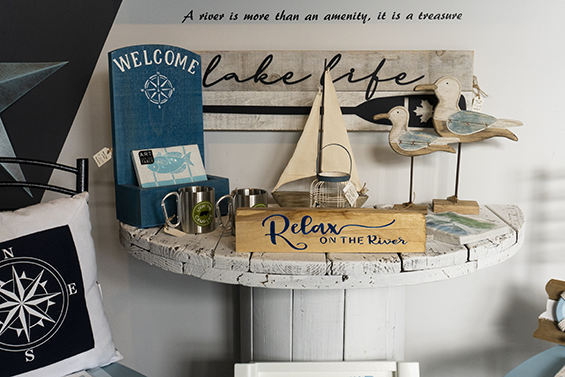 Cottage themed decor items on a table.