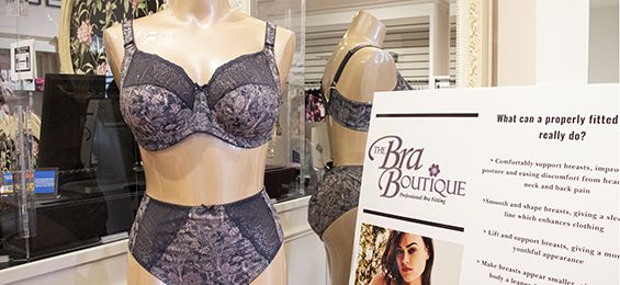 Female mannequin wearing black lace bra and underwear.