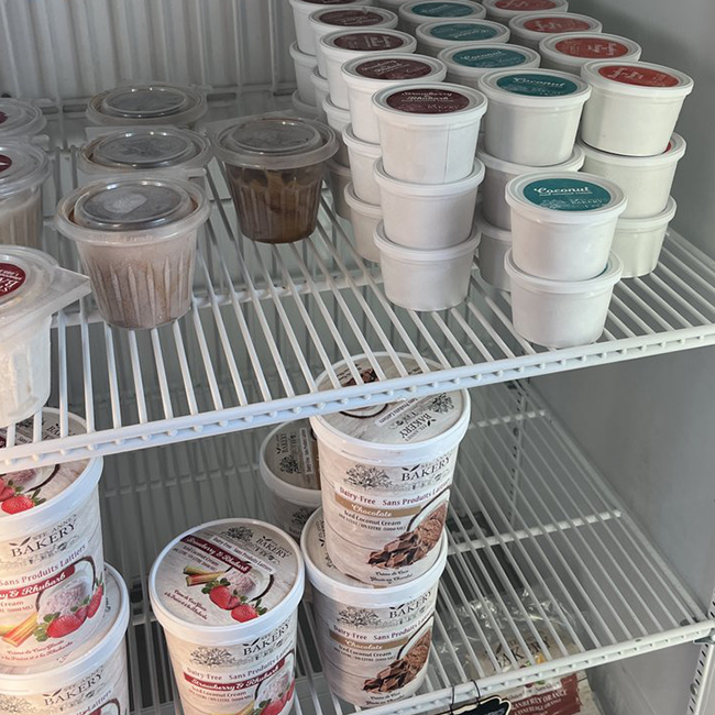 A freezer full of different sixed ice cream tubs.