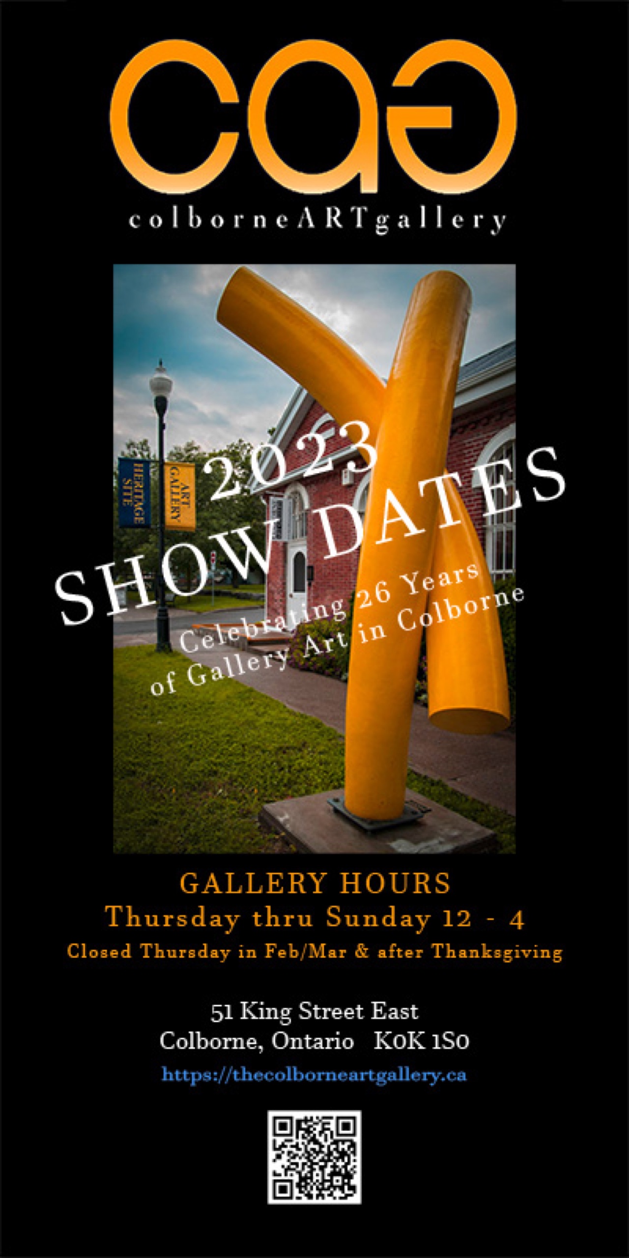 Yellow sculpture with text indicating 2023 upcoming exhibitions