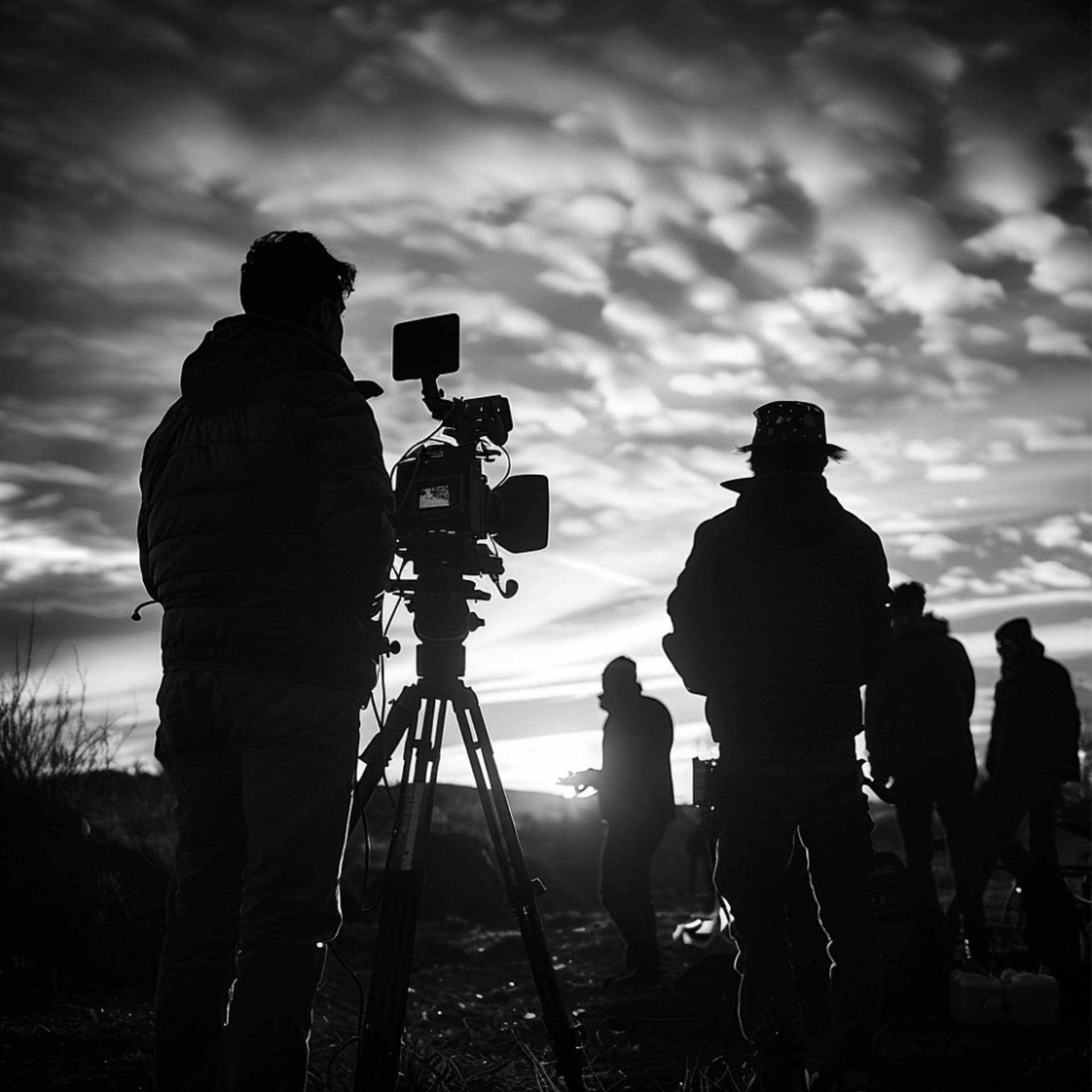 Black and white photo of a crew filming a movie