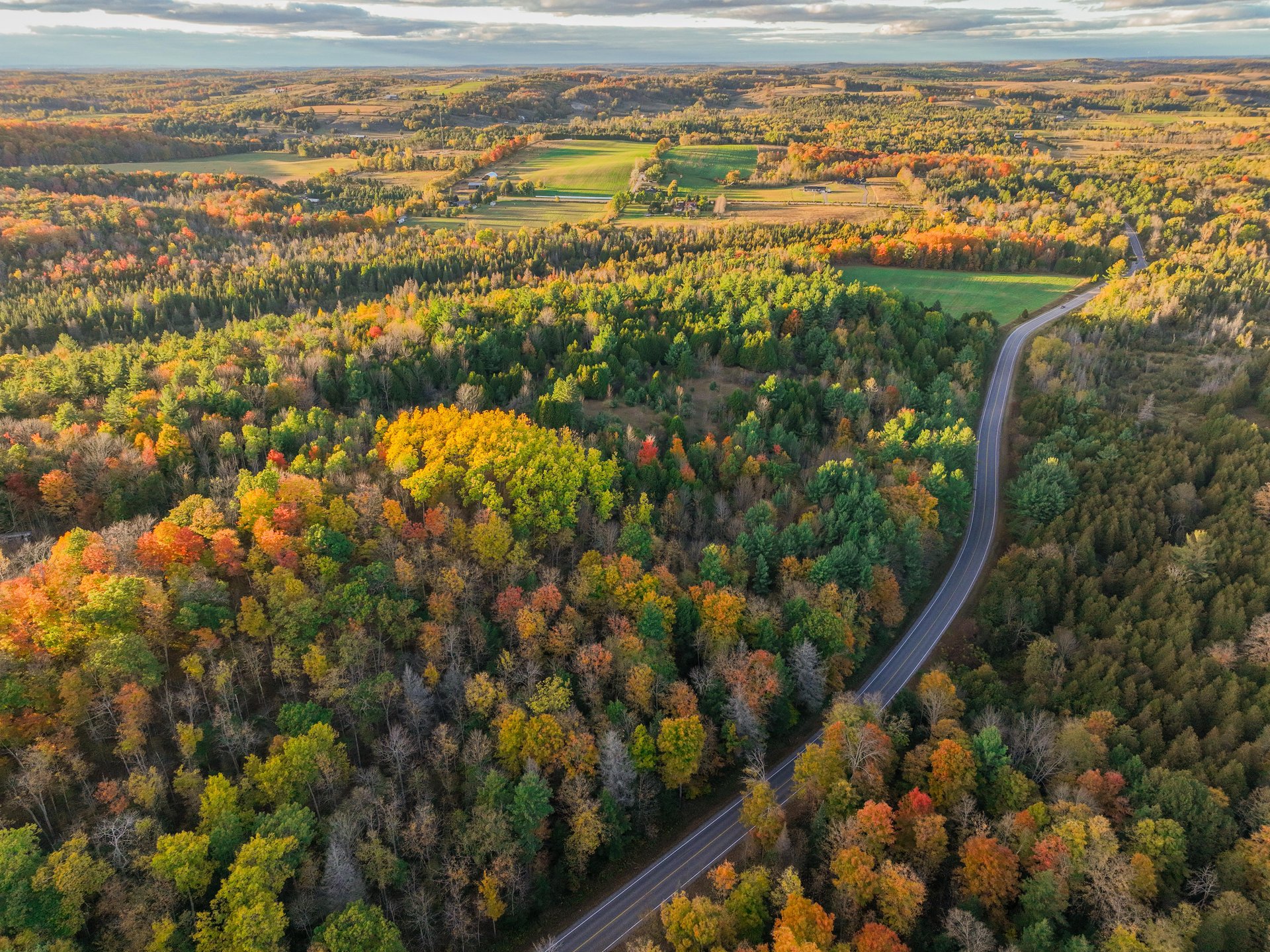 drone view of rolling hills and a country road in fall