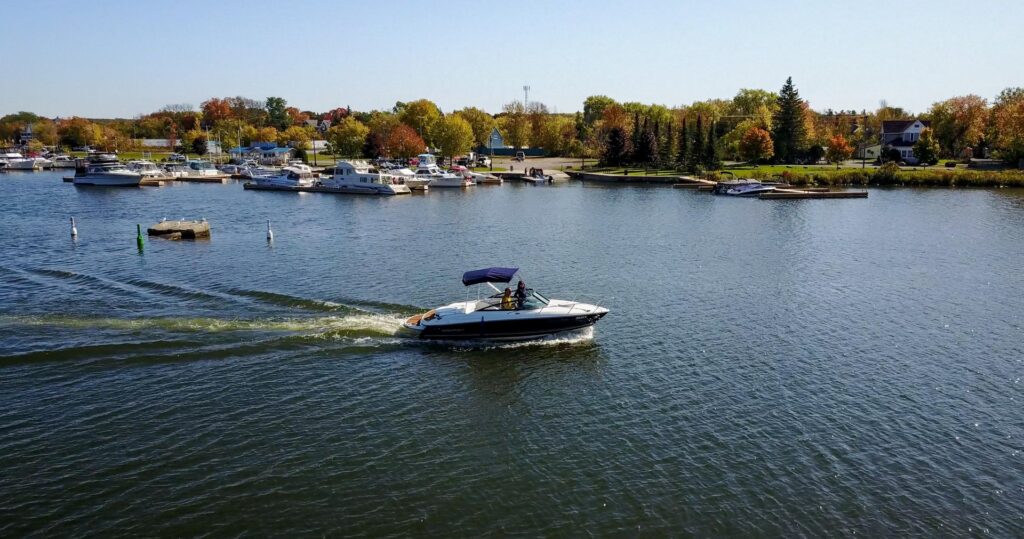 Boat on river in fall