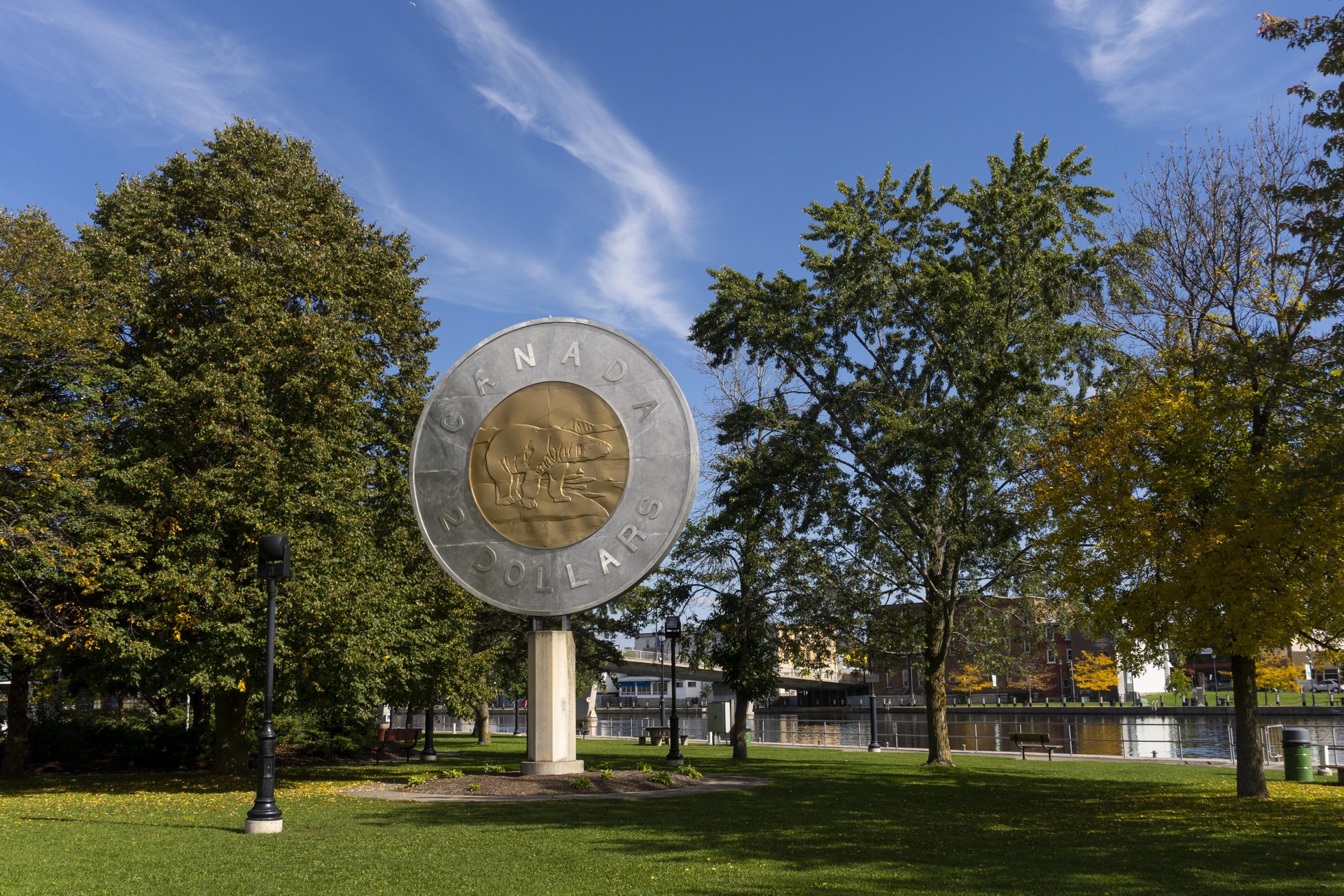 Giant $2 coin at Old Mill Park in Campbellford