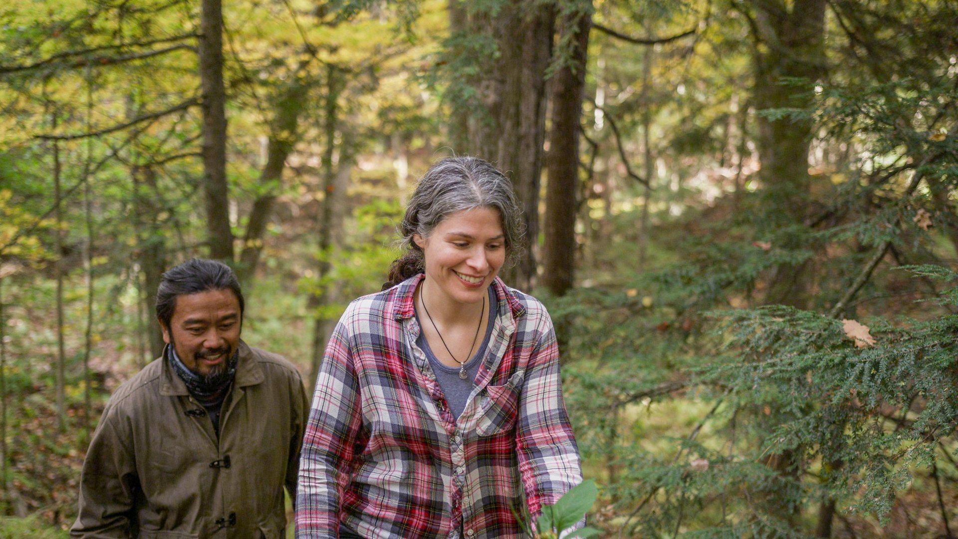 Two people hiking in the fall