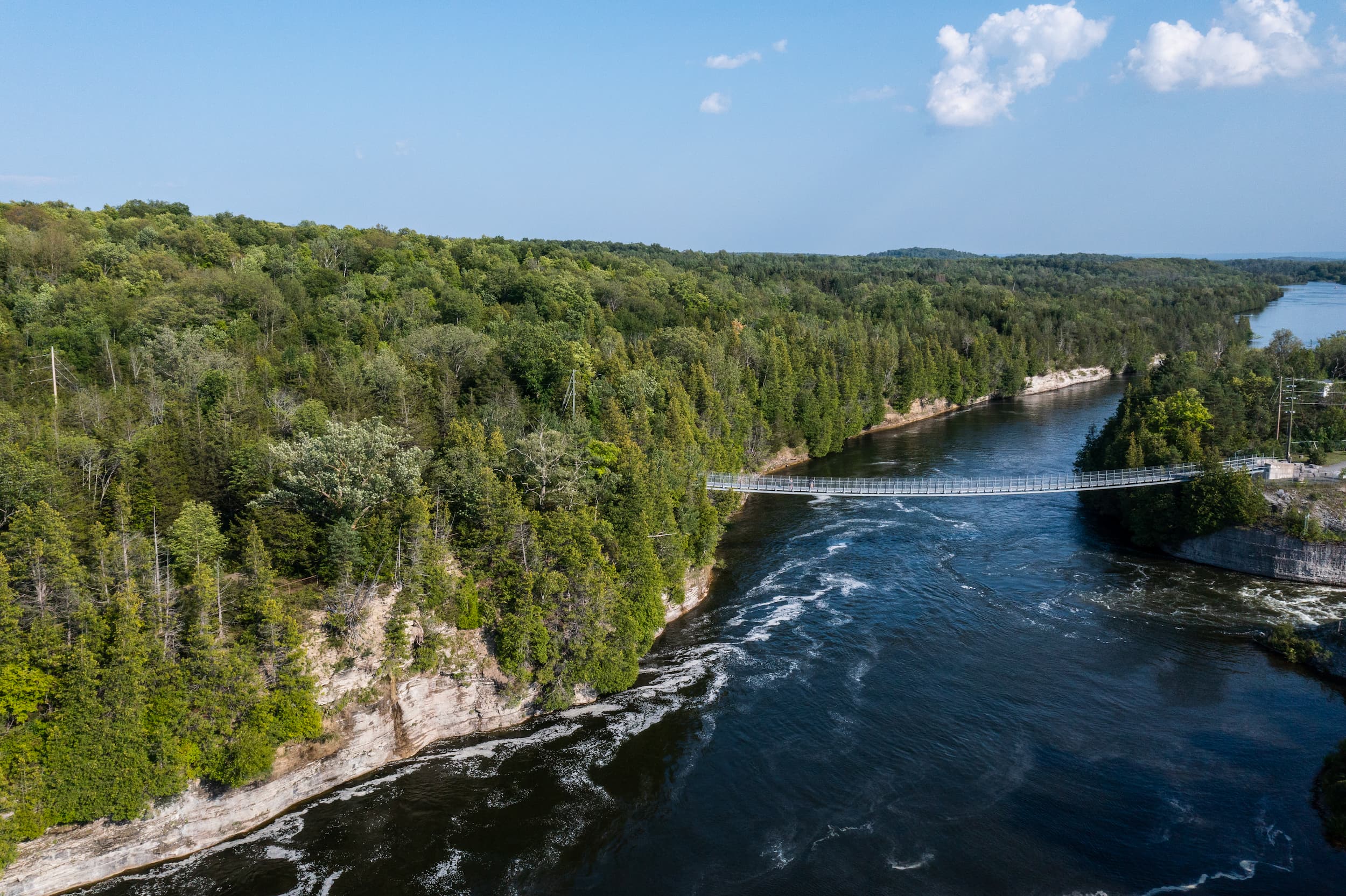 Drone view of Ranney Gorge Suspension Bridge