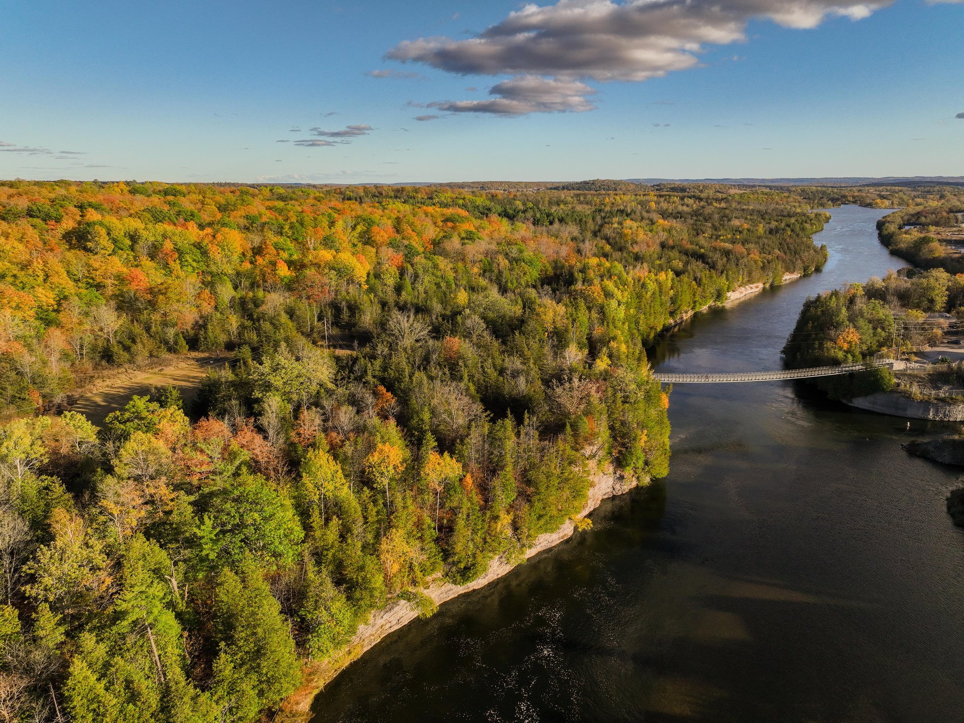 drone view of Ranney Gorge Suspension Bridge in Fall