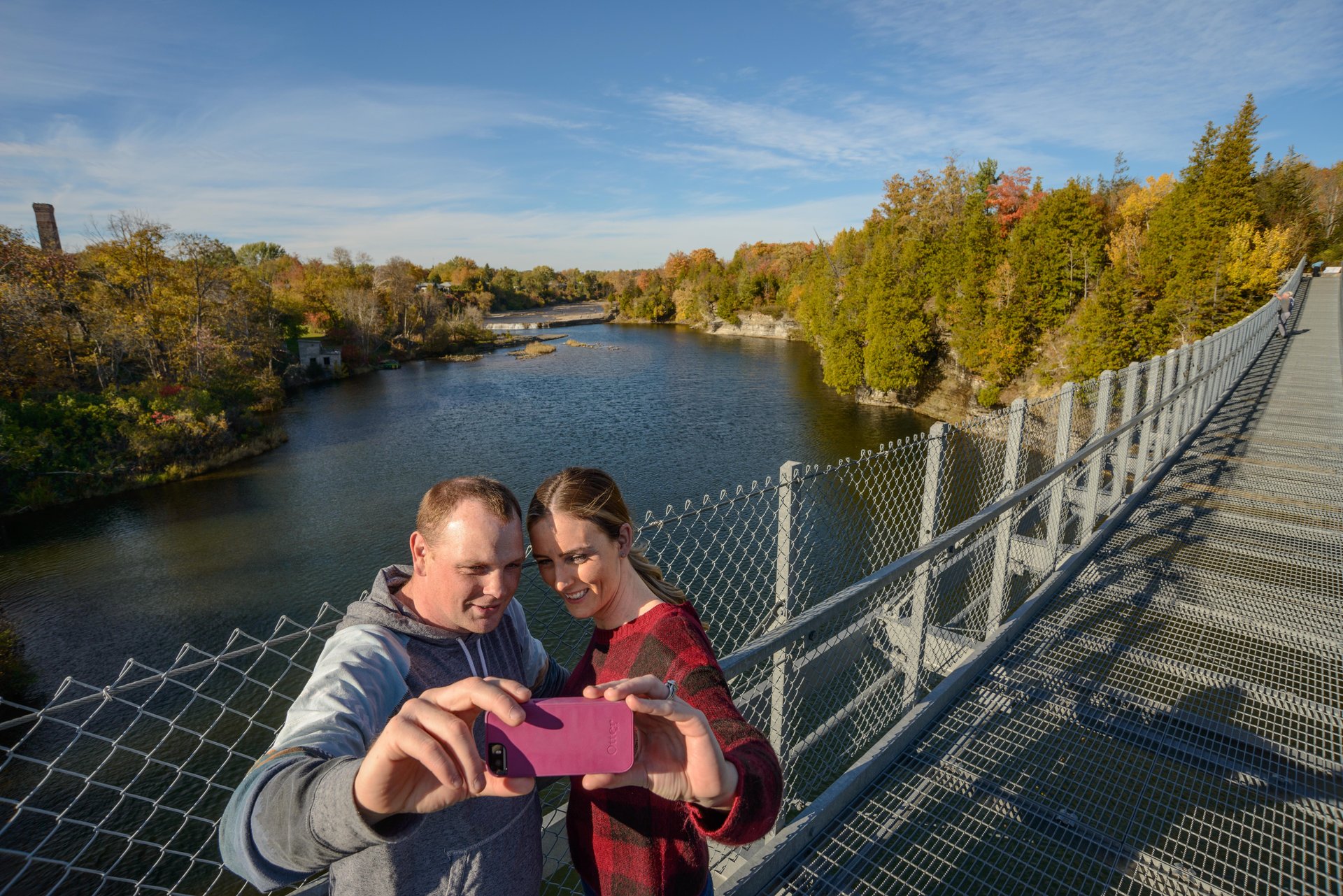 Couple taking selfie on Ranney Gorge Suspension Bridge
