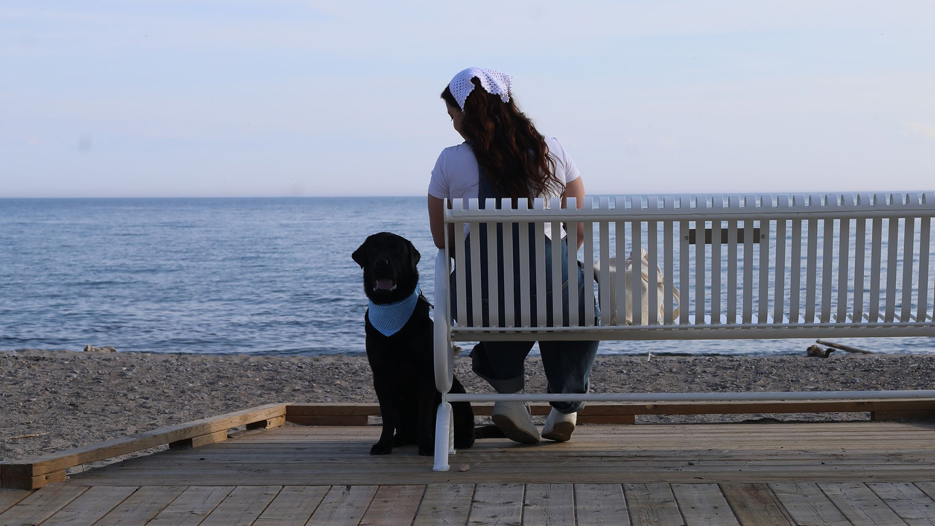Woman sitting on a bench with her black lab looking out at the beach
