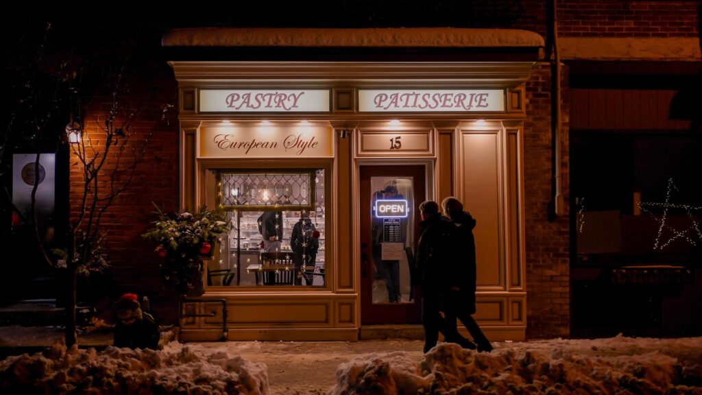 small town at night in winter