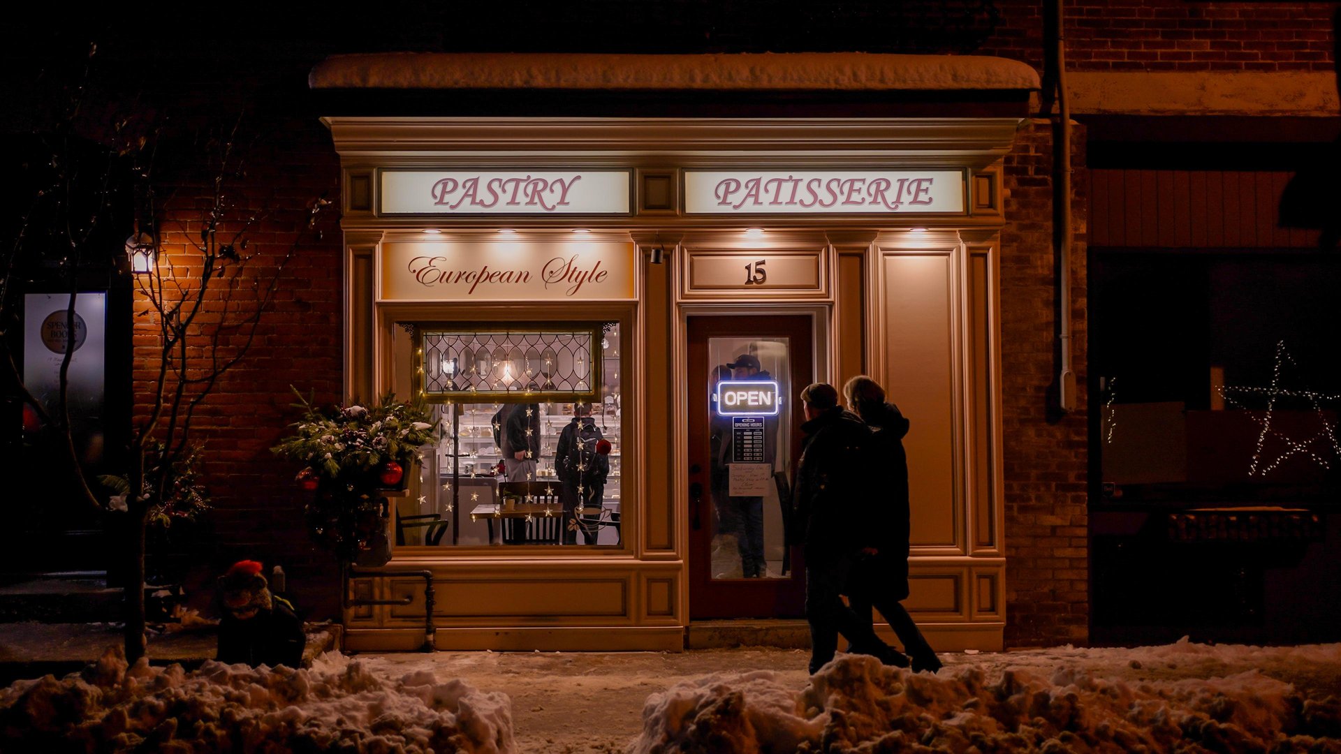 small town at night in winter