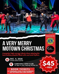 A Very Merry Motown Christmas concert poster. Dec. 5, 2026. $45 + fees. Book tickets Victoria Hall Box Office.