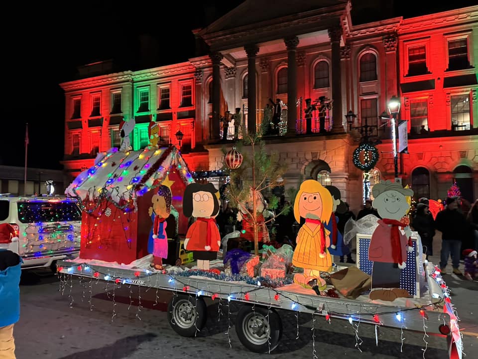 Cobourg Santa Claus Parade. Photo of a parade float in front of Victoria Hall.