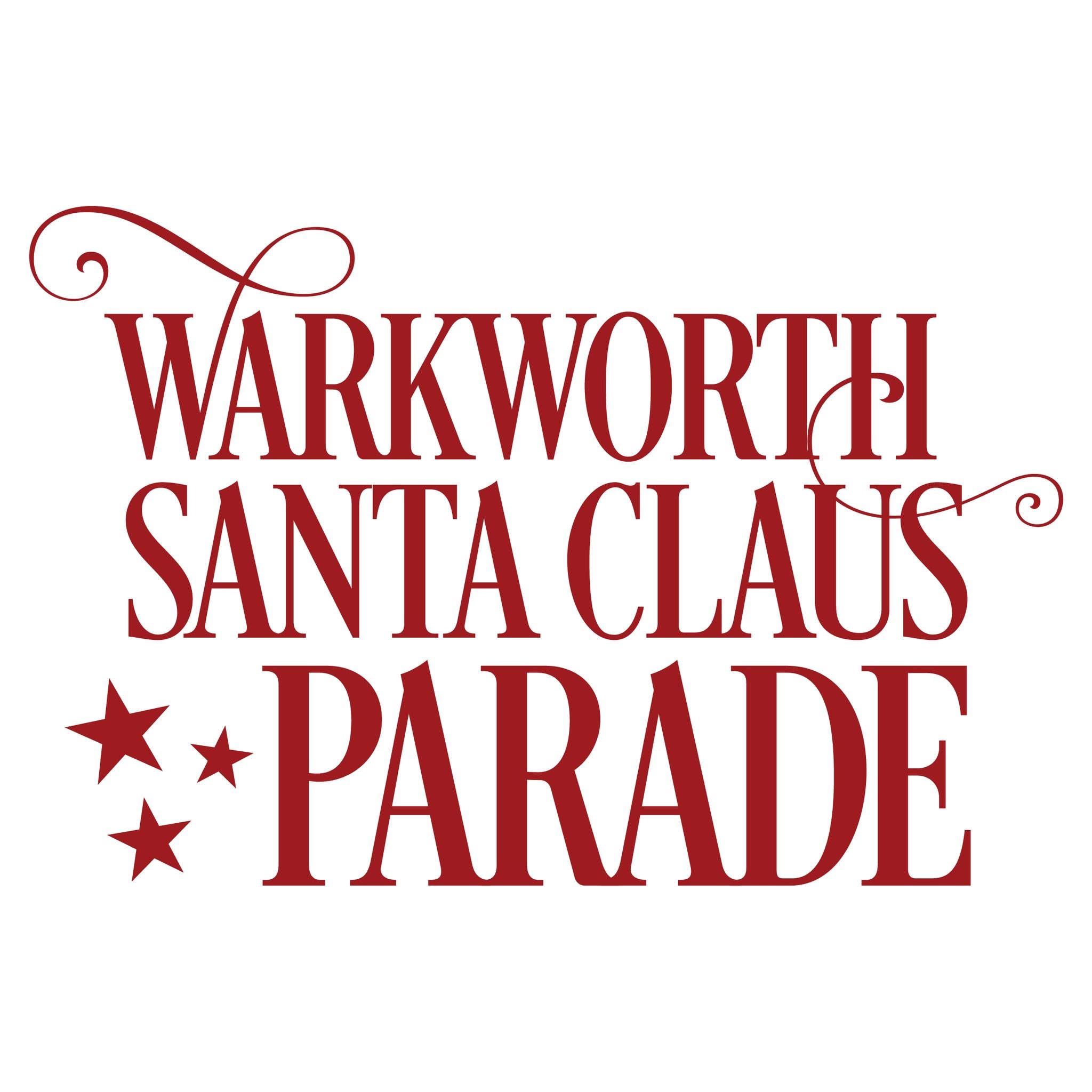 Warkworth Santa Claus Parade. Red writing with stars.