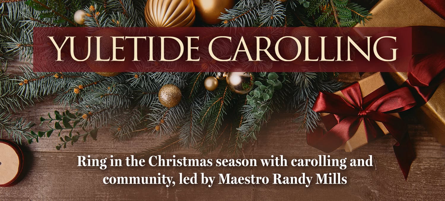 Yultide Carolling. Image of holiday greenery, bulbs and presents.